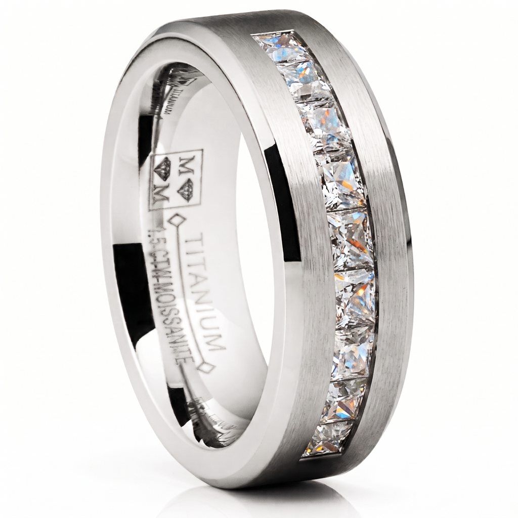 Mens 1.5 Ct Moissanite Wedding Band Engagement Ring 18K White Gold Plated VVS D-Color Princess-Cut 8MM