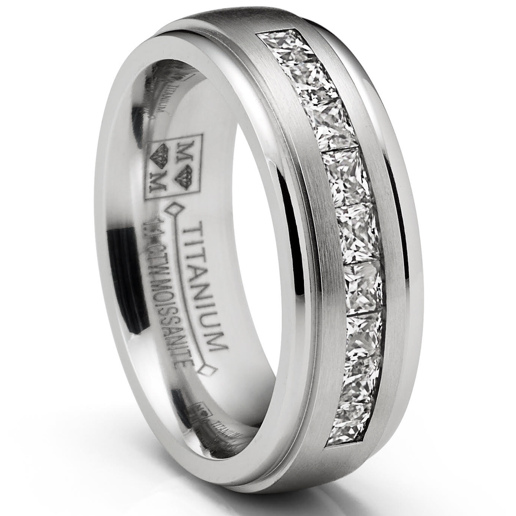 1.10 Ct. Moissanite Mens Wedding Band Engagement Ring Step Edge 9 Princess Channel-Set 7MM