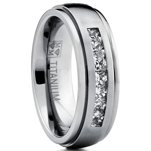 1.10 Ct. Moissanite Mens Wedding Band Engagement Ring Step Edge 9 Princess Channel-Set 7MM