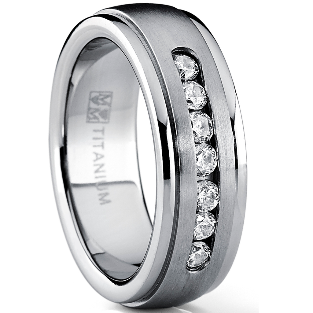 1 Carat Moissanite Mens Wedding Band Engagement Ring Step Edge 9 Round Channel-Set Stones 7MM