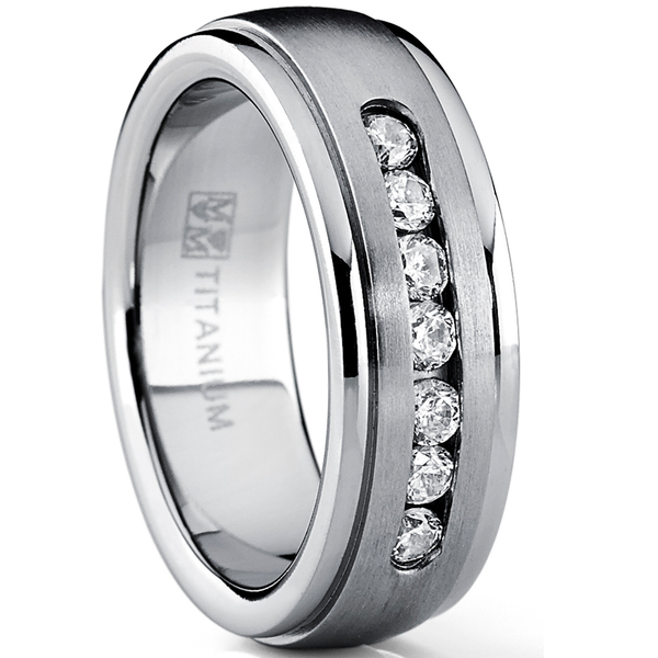 1 Carat Moissanite Mens Wedding Band Engagement Ring Step Edge 9 Round Channel-Set Stones 7MM