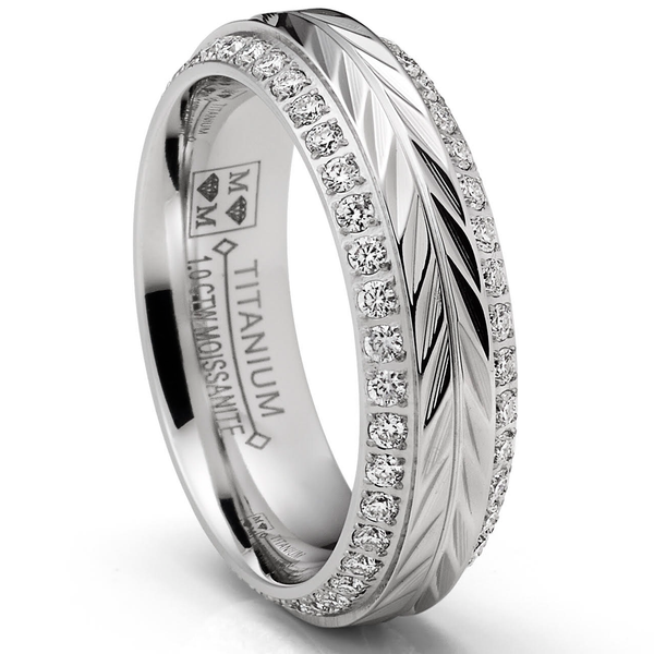 1 Carat Moissanite Wedding Band 6MM Eternity Ring Chevron Herringbone Two-Row Pavé-Set