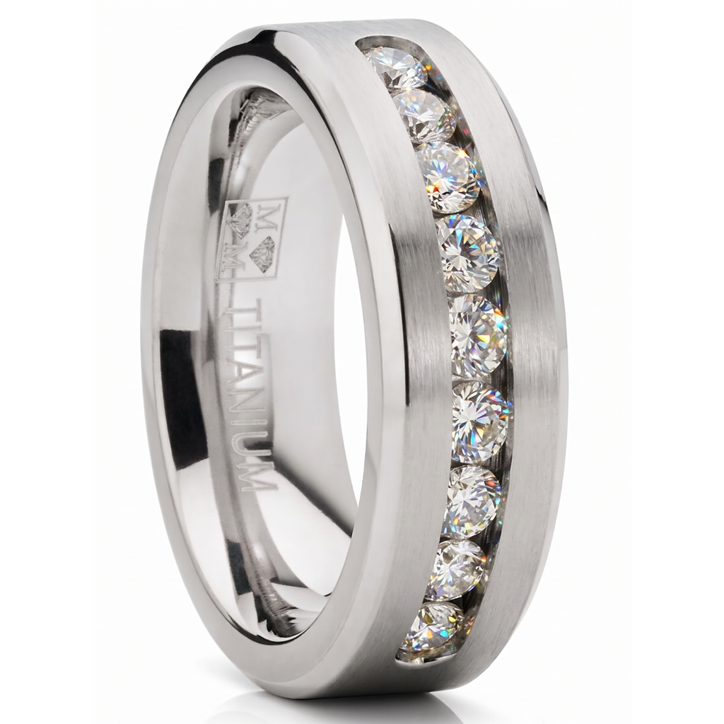 8MM Men's 1Ct. Titanium ring wedding band with 9 large Channel Set Cubic Zirconia CZ sizes 6 to 15