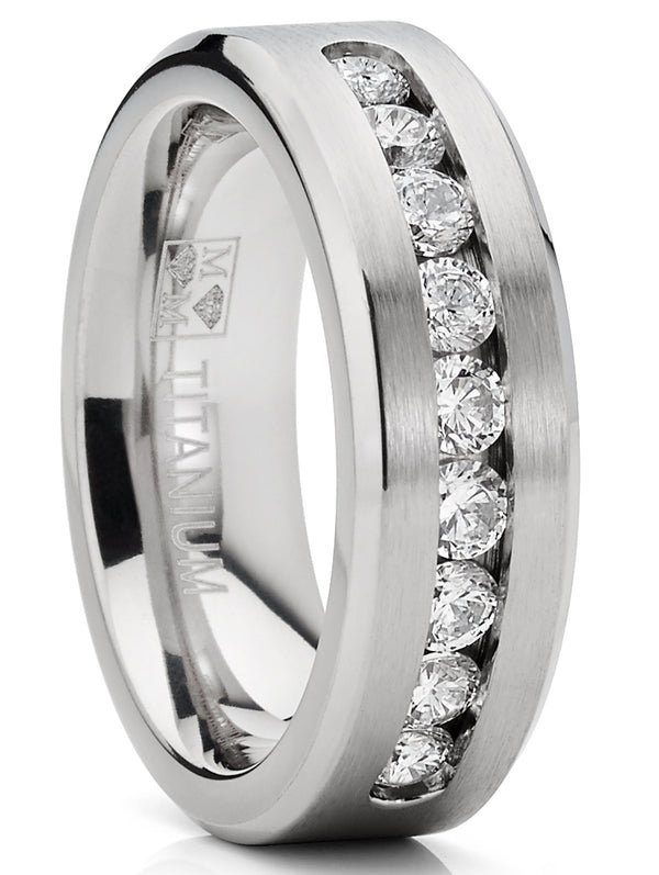 8 MM Men's Titanium ring wedding band with 9 large Channel Set Cubic Zirconia CZ sizes 6 to 15