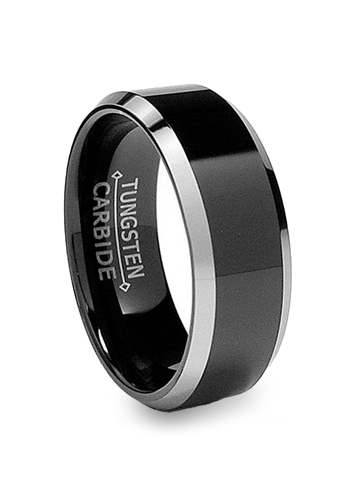 Men's 8MM Flat Top Two Tone Black Tungsten Ring Wedding Band Sizes 5 to 15