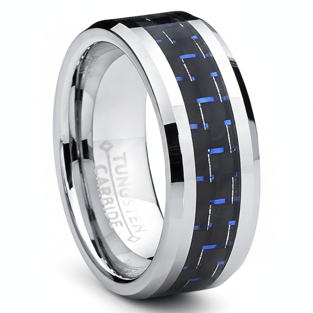 8MM Men's Tungsten Carbide Ring W/ BLACK & BLUE Carbon Fiber Inaly Sizes 5 to 15
