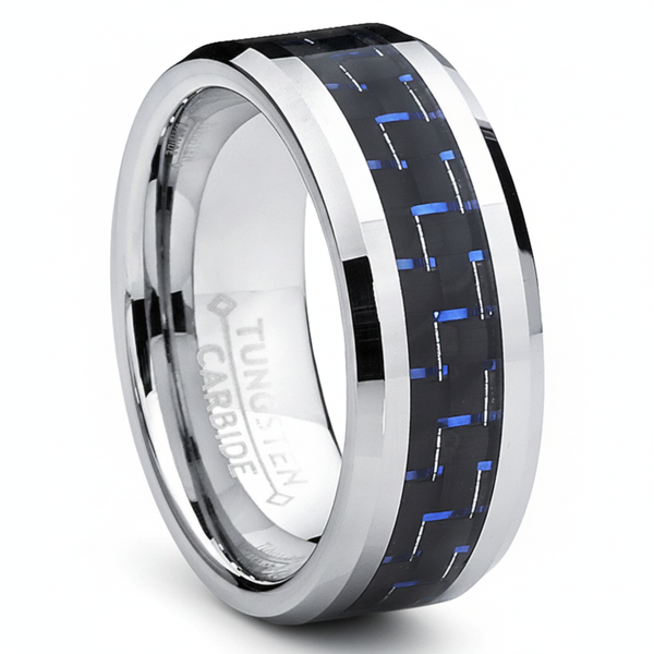 8MM Men's Tungsten Carbide Ring W/ BLACK & BLUE Carbon Fiber Inaly Sizes 5 to 15