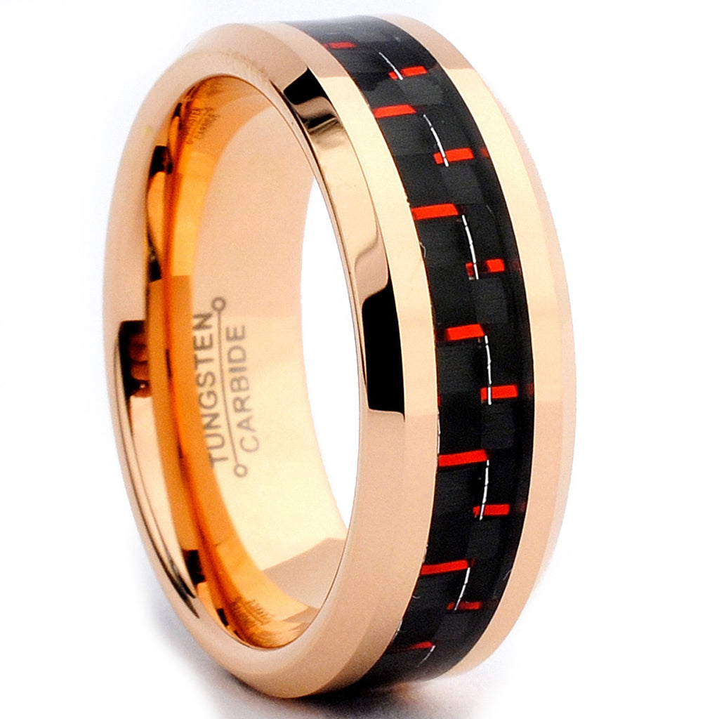 8MM Men's Rose Plated Tungsten Carbide Ring Wedding Band W/ Black & Red Carbon Fiber  Inaly Sizes 7 to 15