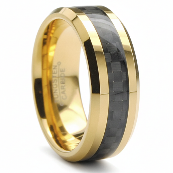 Men's Goldtone Tungsten Ring Wedding Band Black Carbon Fiber 8MM Sizes 7-15