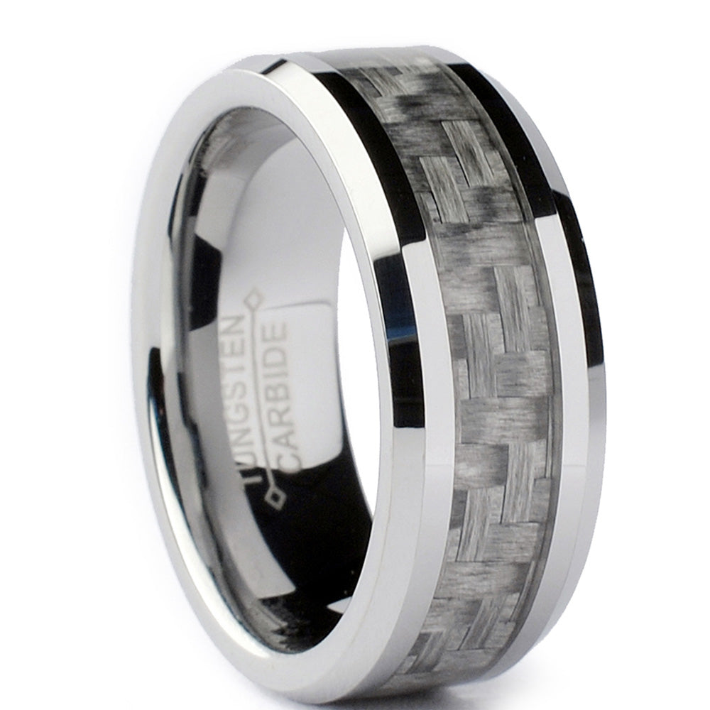 Tungsten Carbide Men's Wedding Band Ring With Gray Carbon Fiber Inlay, 8mm Sizes 7 to 13