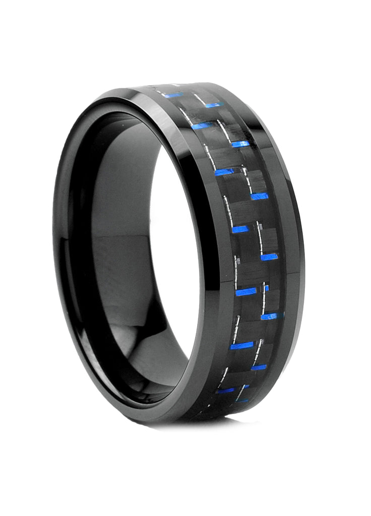 Black Men's Tungsten Carbide Wedding Band With Black and Blue Carbon Fiber Inlay, 8mm Sizes 7 to 13