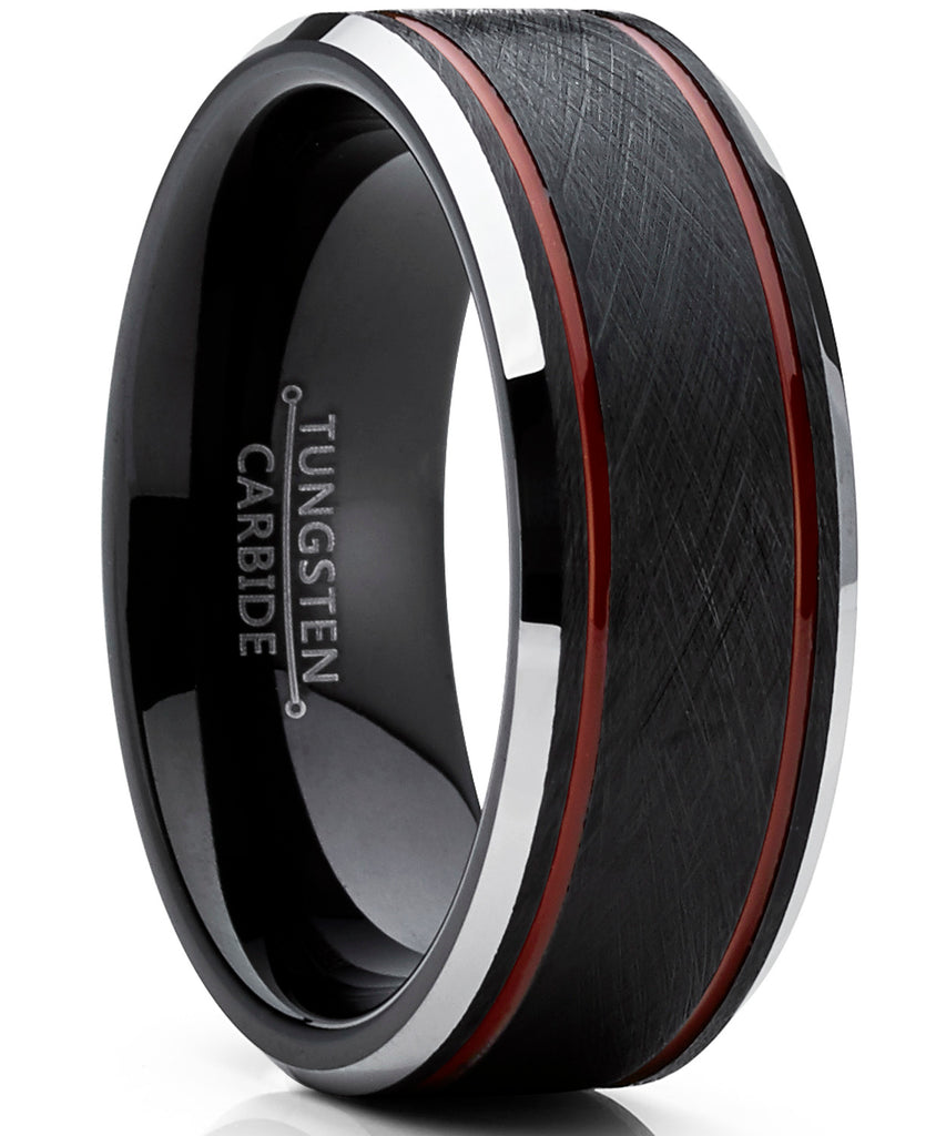 Men's Tungsten Carbide Black Brushed Textured Center Wedding Band Engagement Ring 8MM Comfort Fit