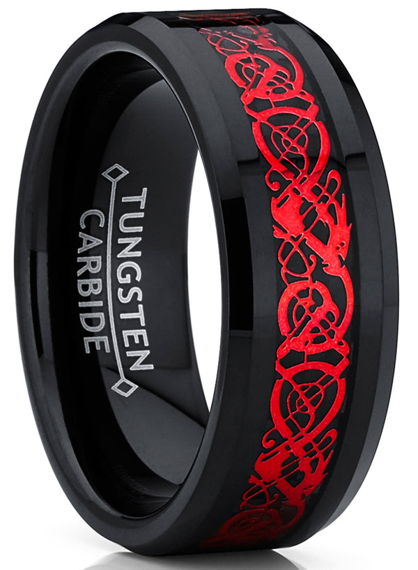 Men's Dragon Tungsten Ring Wedding Band Black Red Carbon Fiber Comfort-Fit 8MM