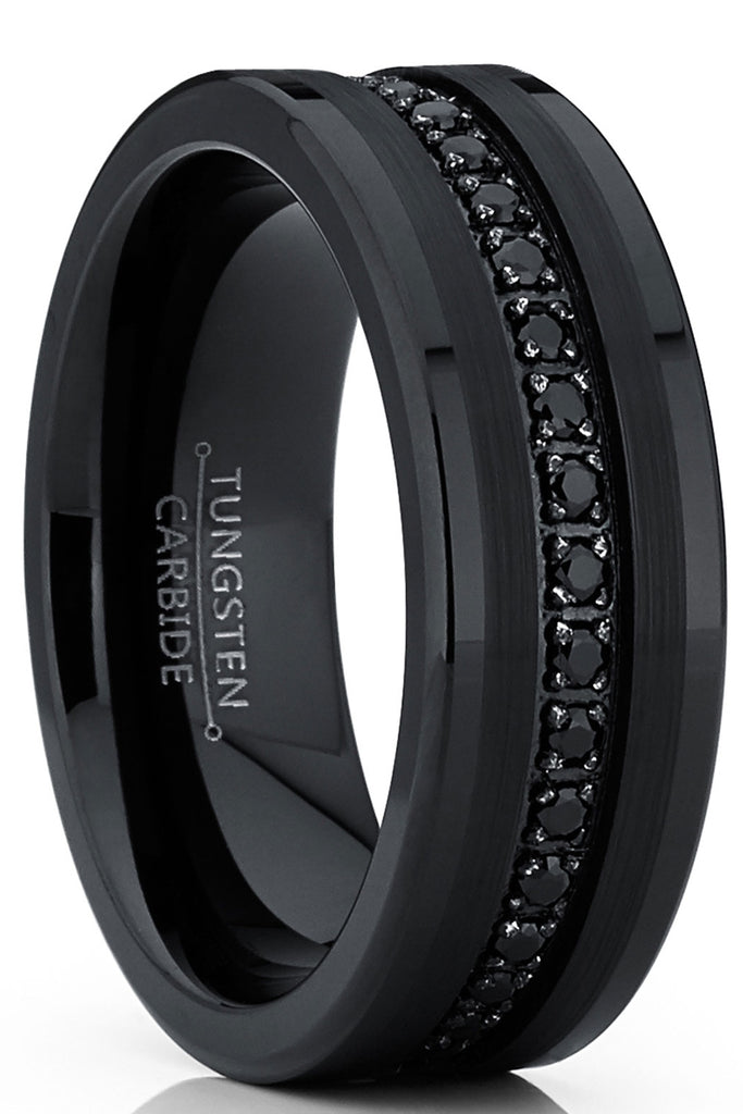 Men's Tungsten Black Wedding Band Eternity Ring Cubic Zirconia
