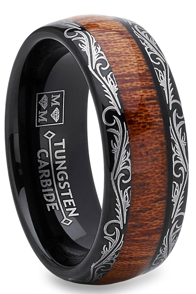 Men's Black Tungsten Carbide Wedding Band Koa Wood Inlay floral design engagement ring
