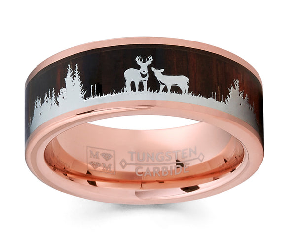 Men's Rose Goldtone Tungsten Hunting Ring Wedding Band Wood Inlay Deer Stag Silhouette