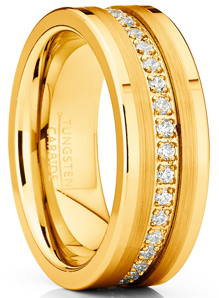 Men's Goldtone Tungsten Ring Wedding Band Cubic Zirconia Comfort-Fit 8MM