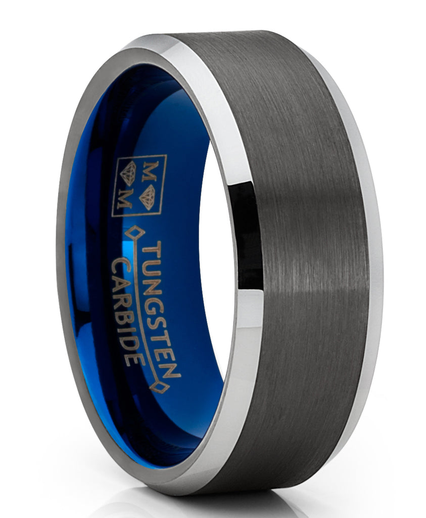 Tungsten Wedding Band Ring 8mm for Men's Blue and Gunmetal