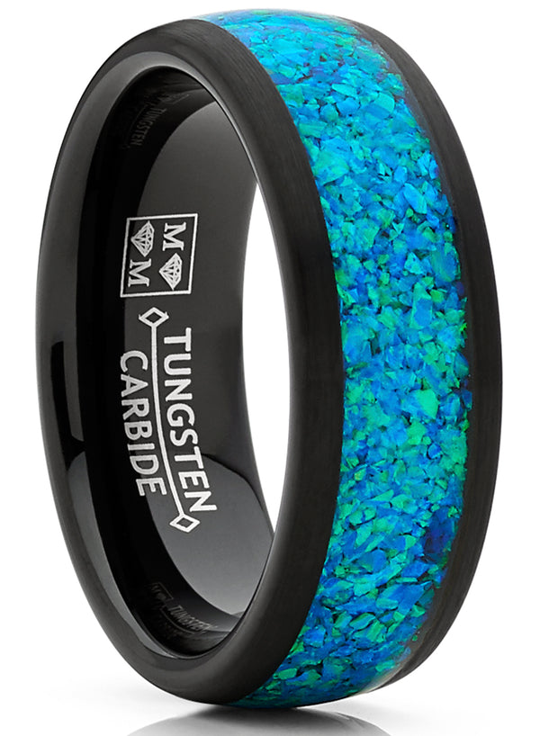 Men's Tungsten Wedding Band Engagement Ring Crushed Opal Inlay Black 8MM