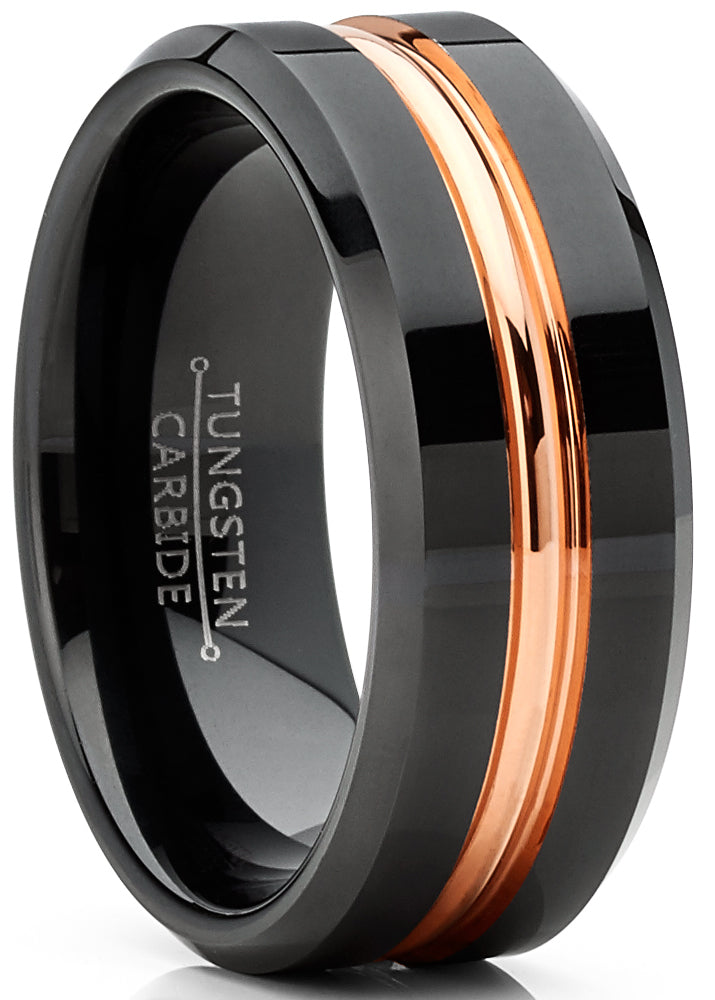 Men's Tungsten Wedding Band Ring Rose Goldtone Grooved Center Black 8MM 7-15