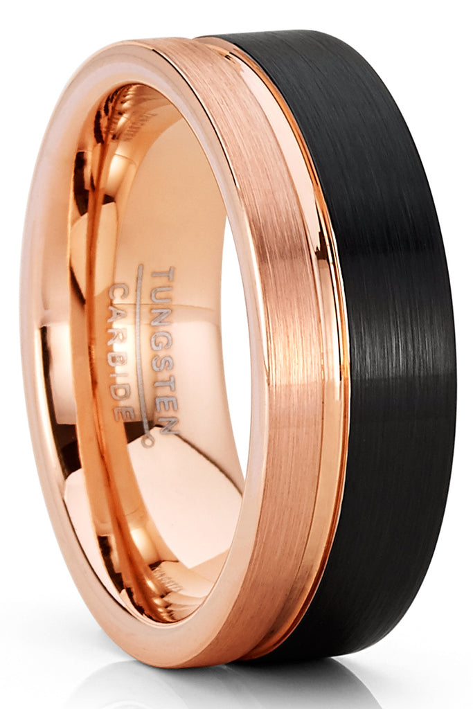 Mens Tungsten Ring Offset Groove Wedding Band Comfort-fit 8MM Black Rosetone