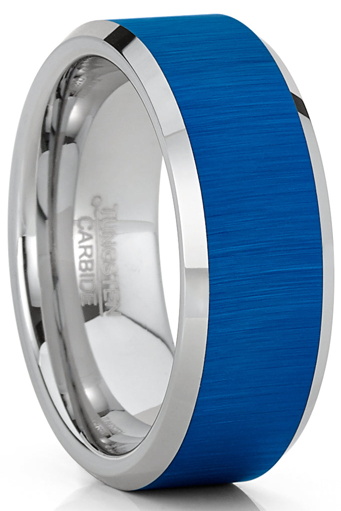 Mens Tungsten Carbide Ring Blue Plated Horizontal Brush Wedding Band  Comfort-fit 8MM