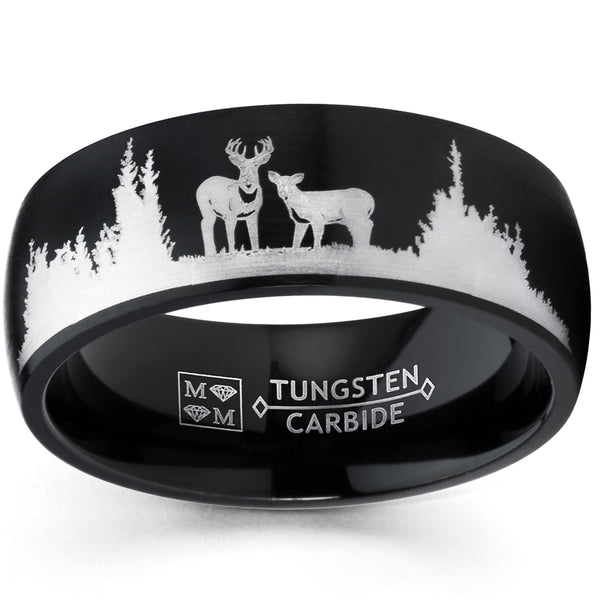 Men's Country Ring Black Tungsten Wedding Band Deer Nature Hunting 8MM