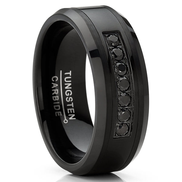 Mens 7 Round Cubic Zirconia Tungsten Ring Black Stainless Steel Wedding Band  8MM