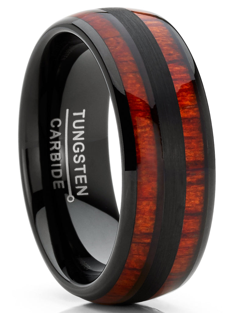 Men's Tungsten Carbide Ring Dome Real Koa Wood Inlay Wedding Band Brown Black 8MM