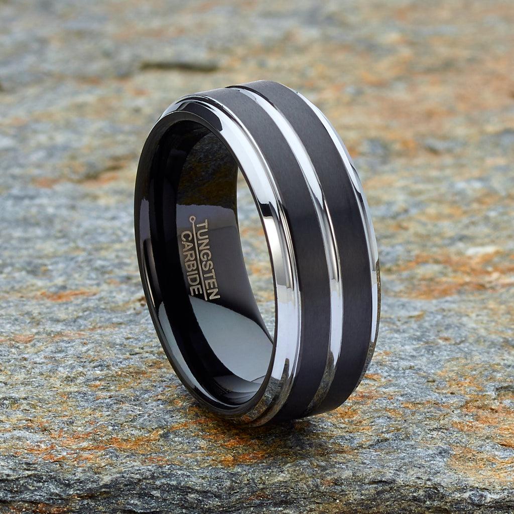 Hammered Wedding Band Black Ring Mens Wedding Band 8mm Engagement Ring Tungsten Carbide Man Wedding Band Anniversary Polished 2024 Stepped Edges