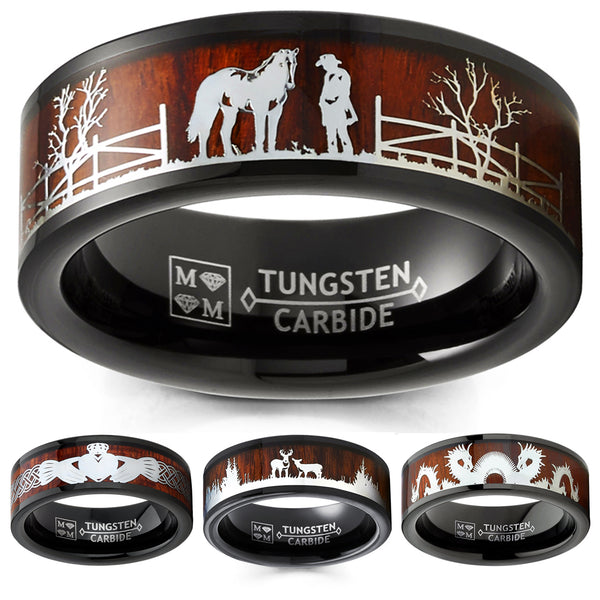 Tungsten Carbide Ring Band Wood Inlay 8MM Black Brown