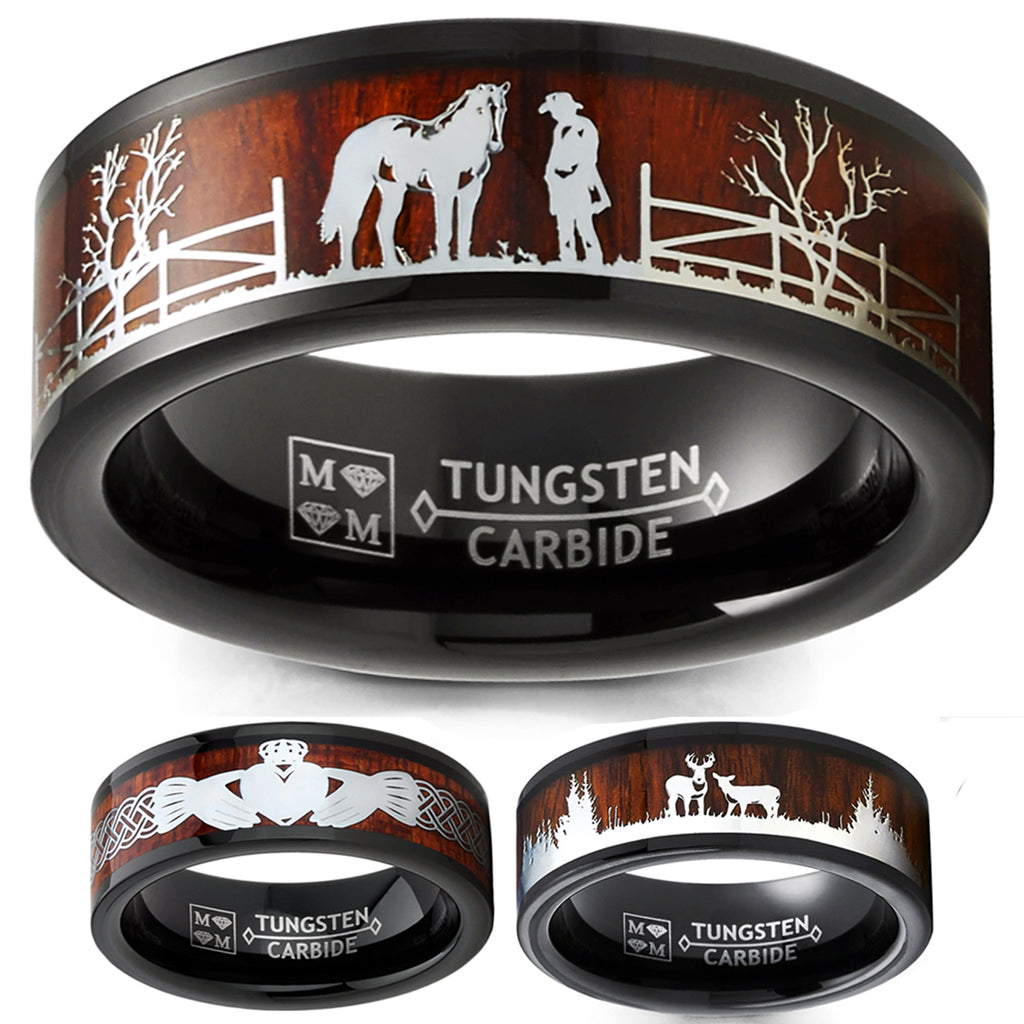 Tungsten Carbide Ring Band Wood Inlay 8MM Black Brown