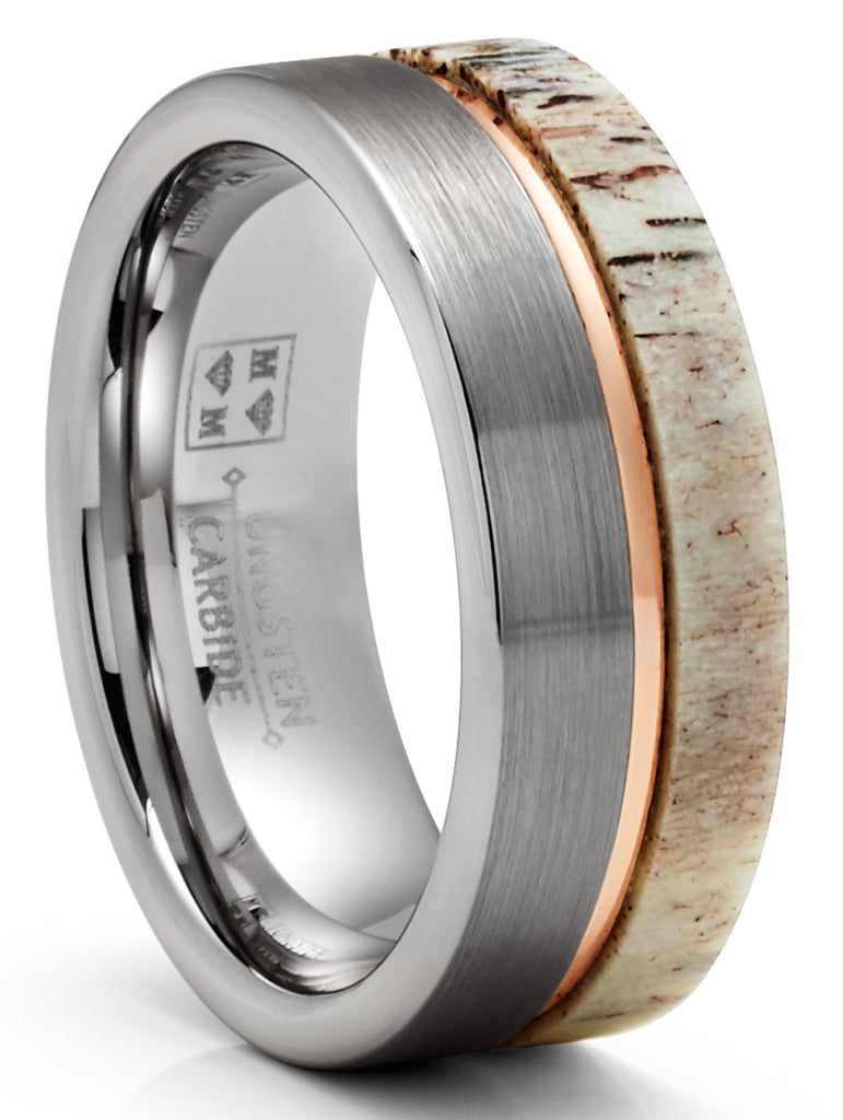 Mens Deer Antler Tungsten Carbide Ring Rose Goldtone Groove Wedding Band 8MM