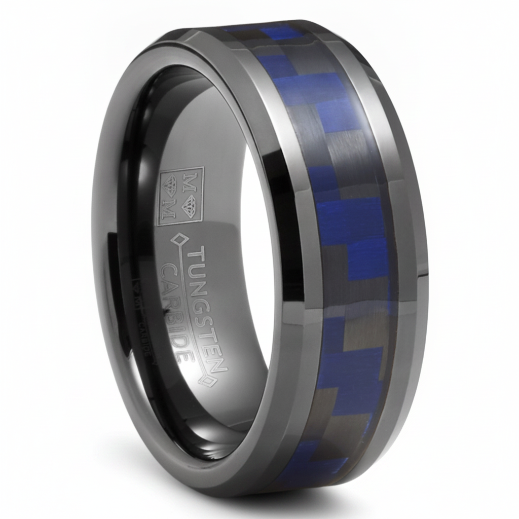 Mens Gunmetal Tungsten Carbide Ring Black Blue Carbon Fiber Inlay Wedding Band 8MM