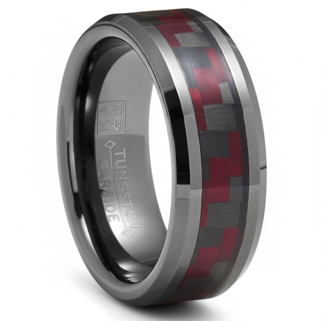 Mens Gunmetal Tungsten Carbide Ring Black Red Carbon Fiber Inlay Wedding Band 8MM
