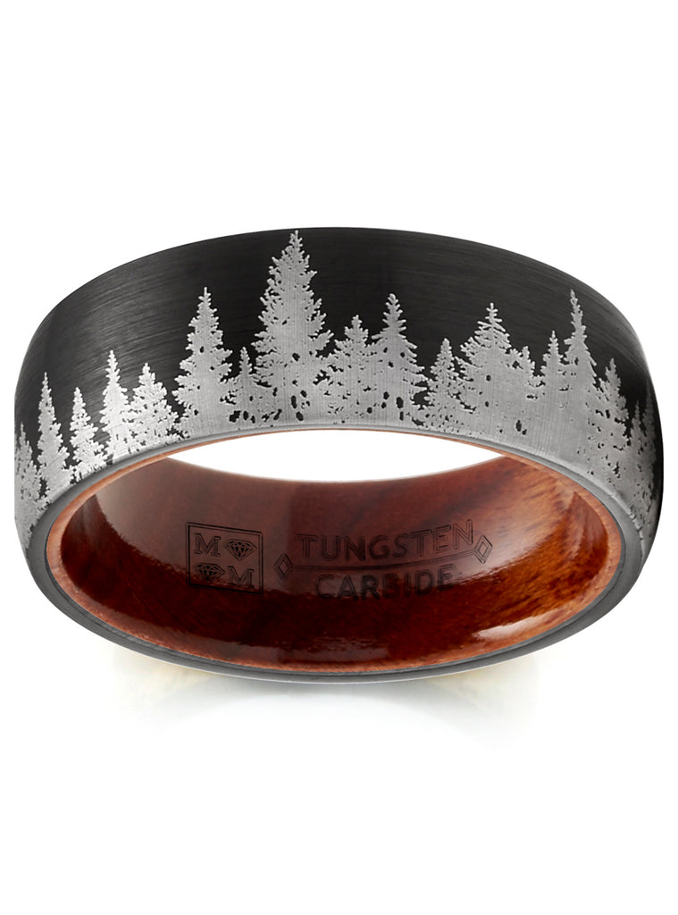 Mens Pine tree Tungsten Carbide Ring Whiskey Barrel Oakwood Wedding Band Black 8MM