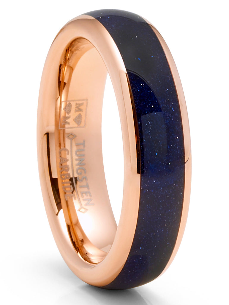 Mens Blue Lapis Lazuli Tungsten Carbide Ring Rose Goldtone Wedding Band Black 6MM