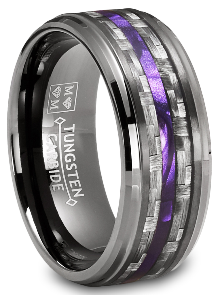 Mens Carbon Fiber Tungsten Carbide Ring Purple Wood Wedding Band Gunmetal 8MM