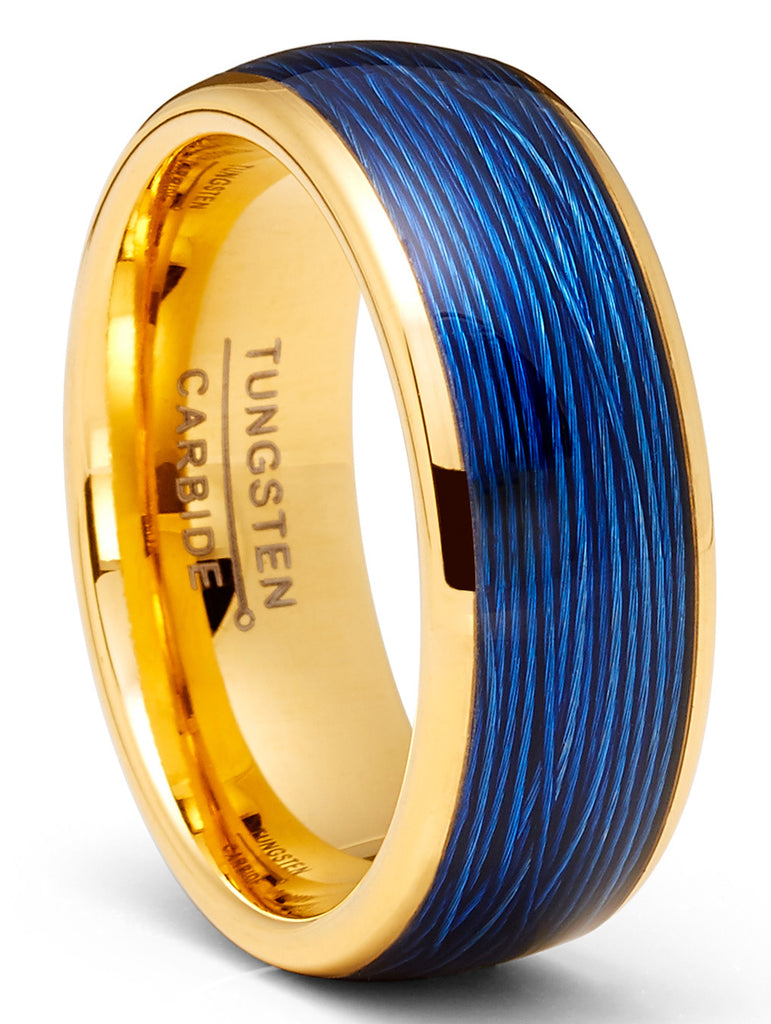 Mens Blue Cable Tungsten Carbide Ring Goldtone Wedding Band Comfort-Fit 8MM