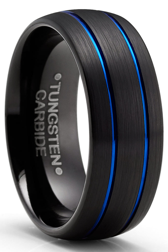 Men's Tungsten Dome Brushed Wedding Band Engagement Ring Black Blue 8MM Comfort-Fit