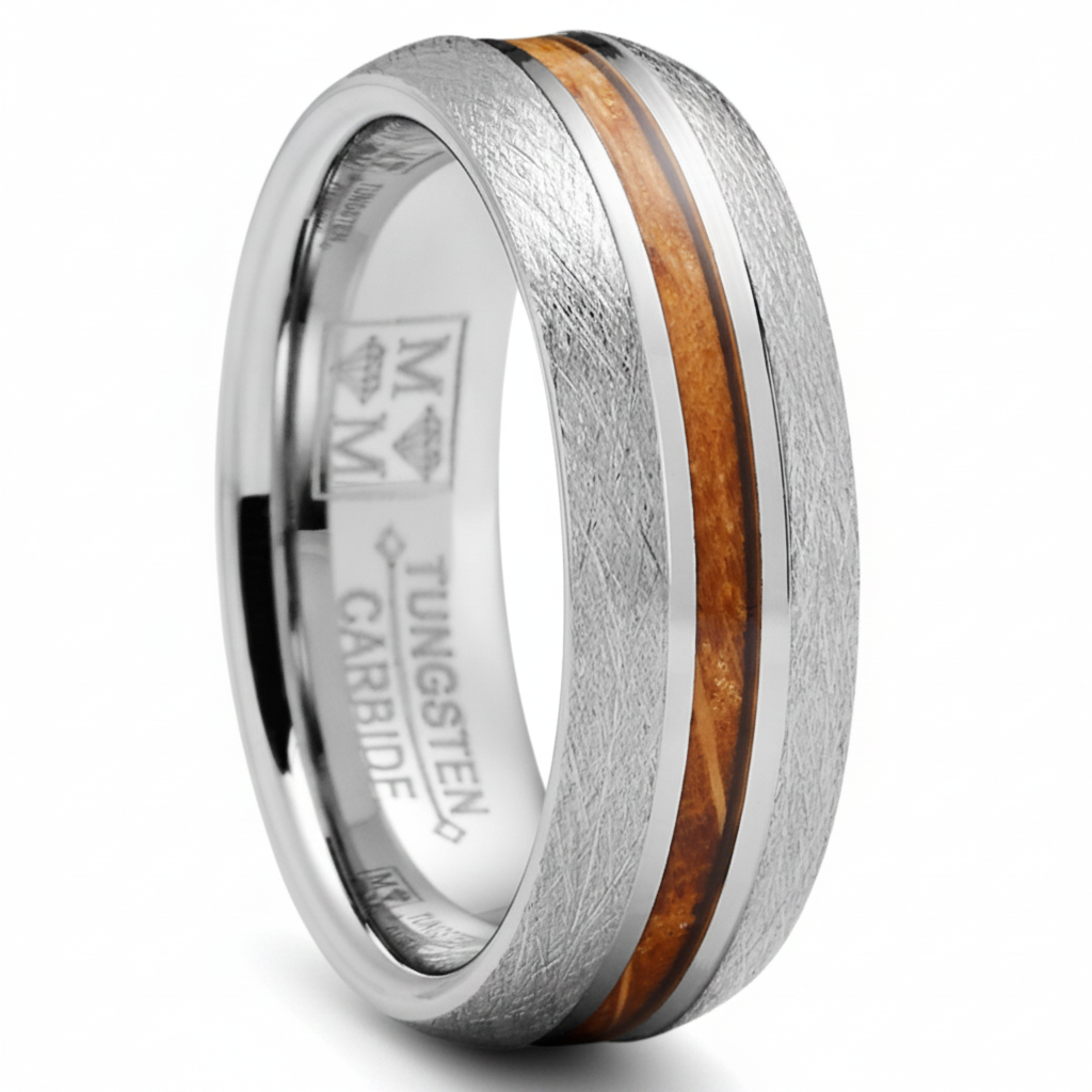 Men's Tungsten Wedding Band Whiskey Barrel Wood Engagement Ring 7MM Comfort-Fit