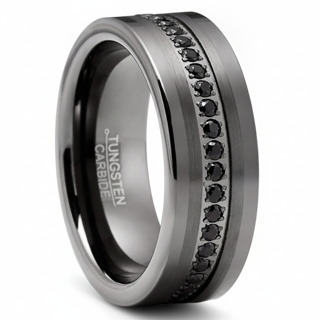 Men's Tungsten Wedding Band Eternity Ring Gunmetal Cubic Zirconia Comfort-Fit 8MM