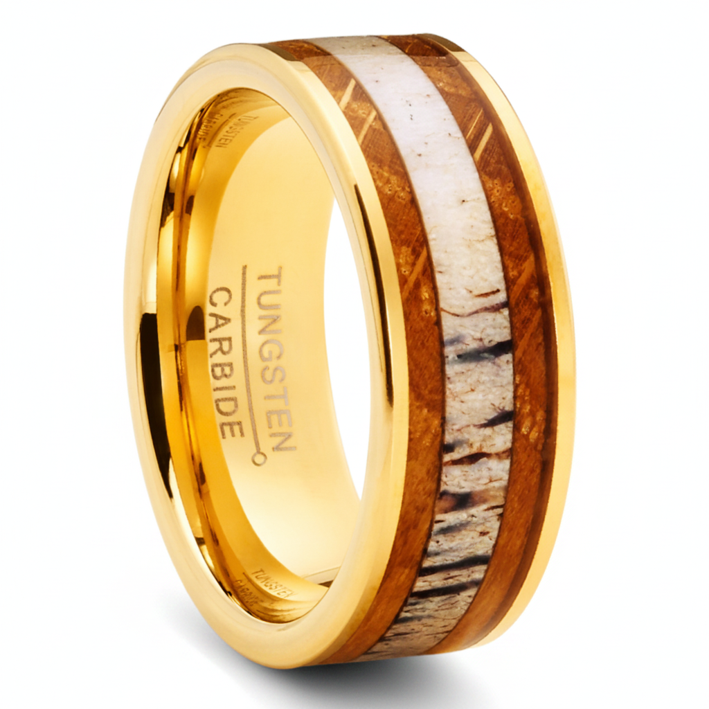 Tungsten Carbide Mens Wedding Band Whiskey Barrel Deer Antler Engagement Ring Goldtone