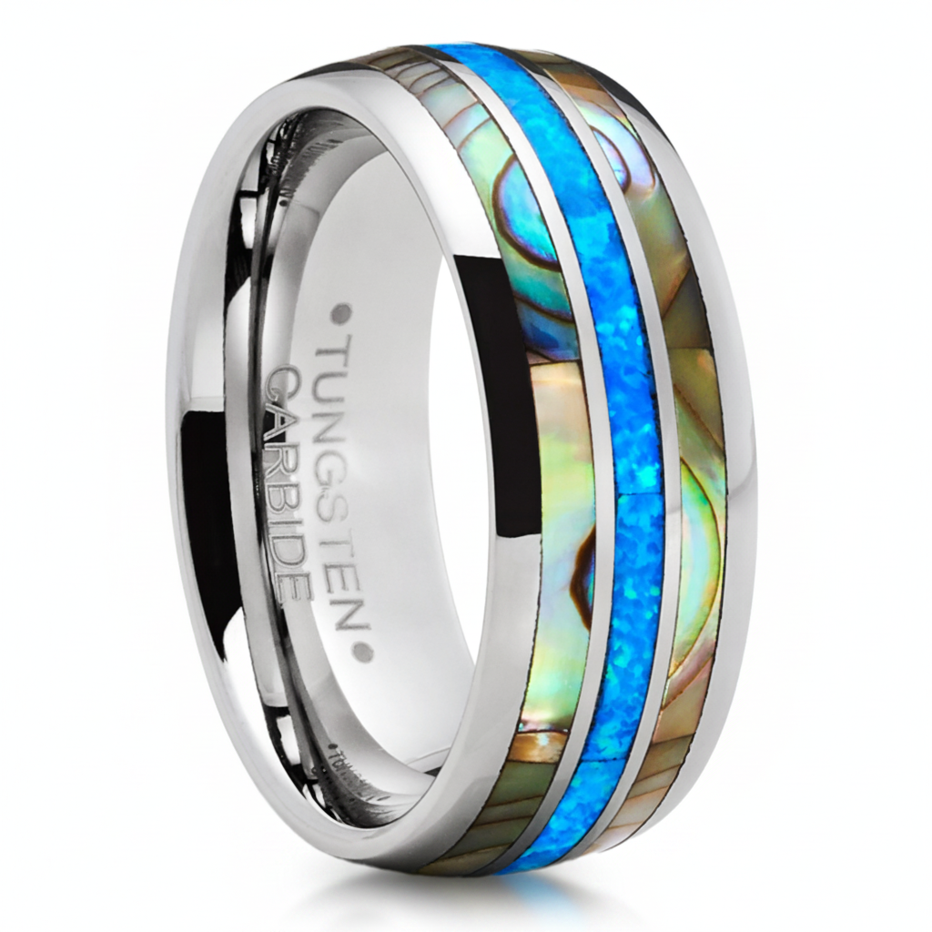 Tungsten Carbide Mens Wedding Band Blue Opal Mother of Pearl Engagement Ring Silvertone