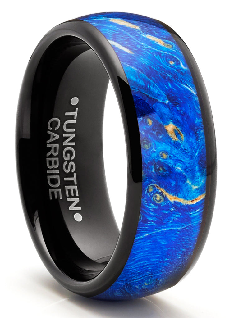 Men's Black Tungsten Ring Wedding Band Blue Wood Burl 8MM Comfort-Fit