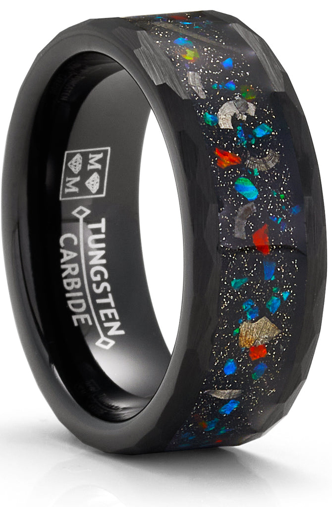 Men's Black Tungsten Ring Wedding Band Black Cluster of Stars Meteorite Inlay 8MM Comfort-Fit