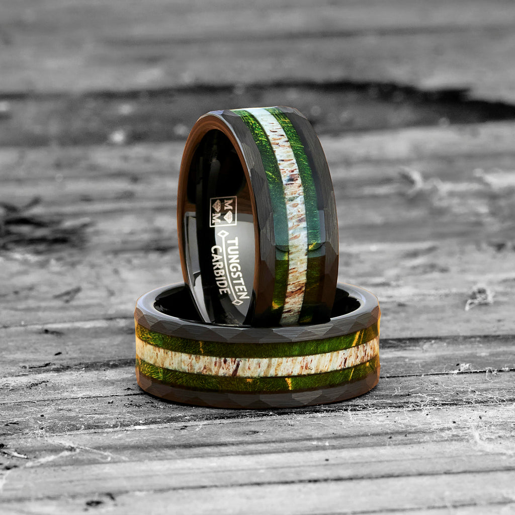 Men's Black Tungsten Ring Wedding Band Black Mossy Wood Antler
