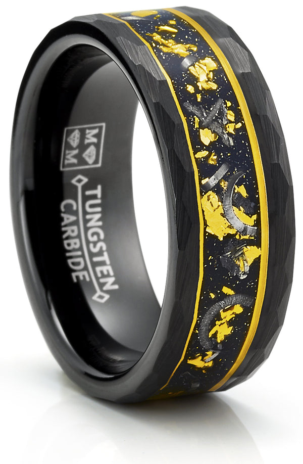 Men's Black Tungsten Ring Wedding Band Gold Flakes Meteorite Shavings Hammered 8MM Comfort-Fit