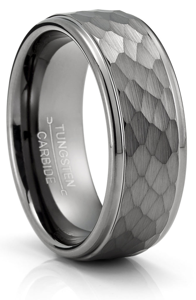 Men's Black Tungsten Ring Wedding Band Gunmetal Hammered 8MM Comfort-Fit
