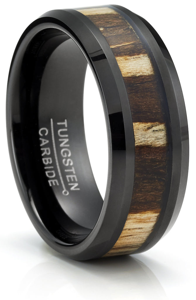 Men's Black Tungsten Ring Wedding Band Zebra Wood Inlay 8MM Comfort-Fit